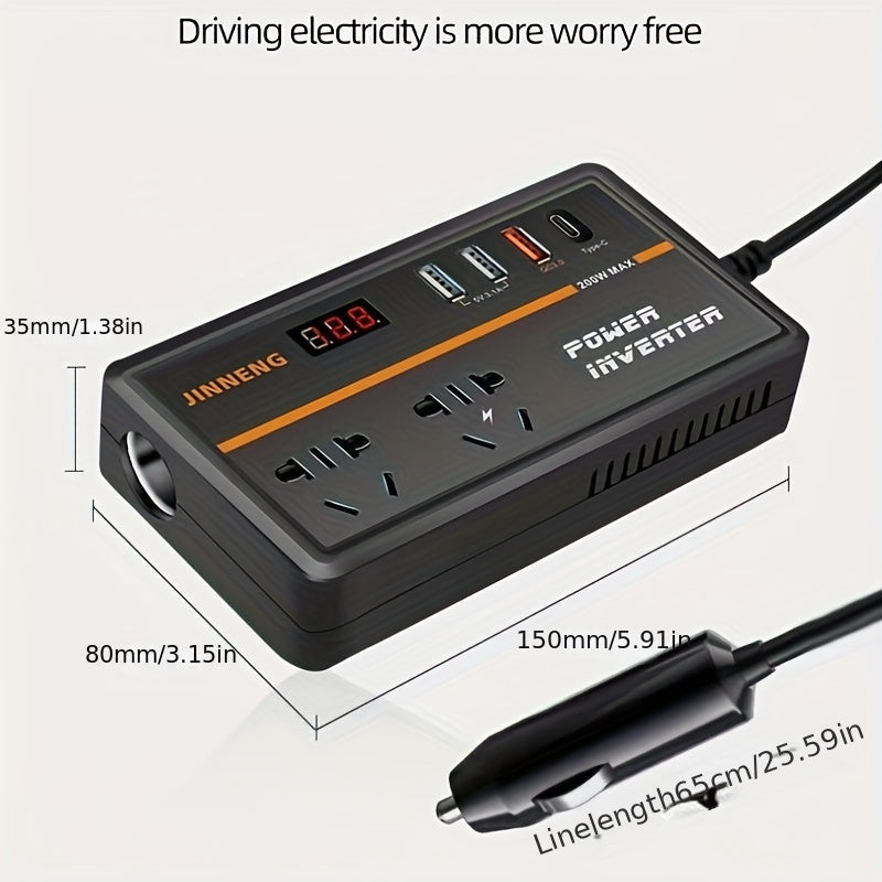 Power converter for vehicles changes 12V/24V to 220V, with USB charging, digital voltage display, no battery.