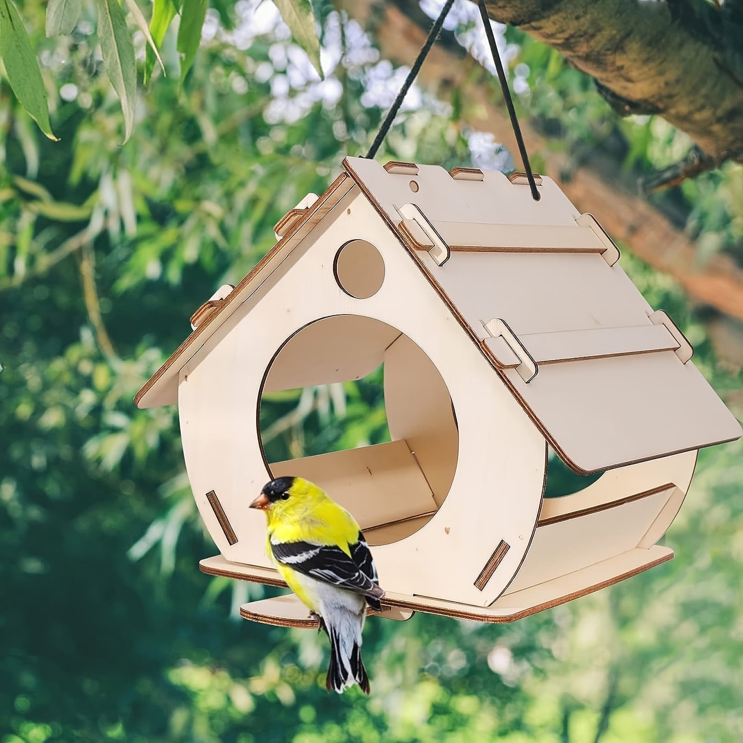 DIY wooden bird feeder house for outdoor garden decor.