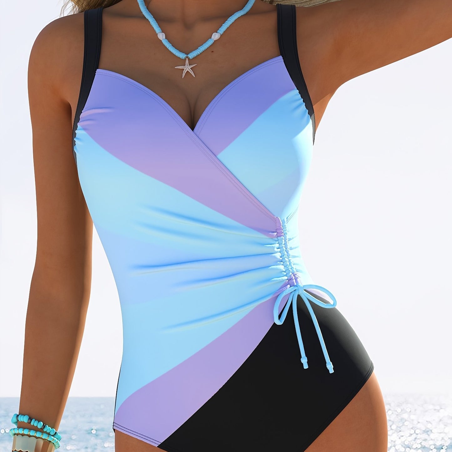 Women's one-piece swimsuit in a sports style made from stretchy solid-colored polyester knit fabric with high elasticity, ideal for swimwear.