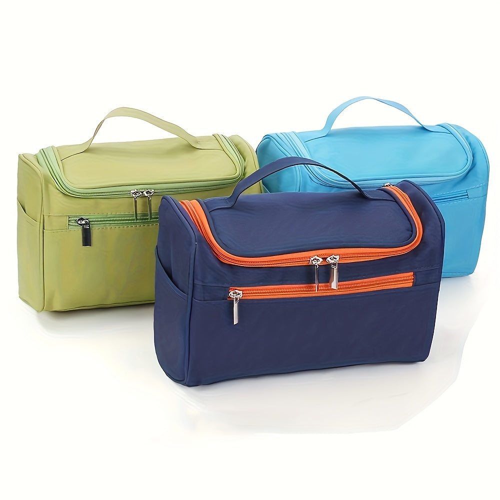 Spacious waterproof travel toiletry bag with zipper for men and women, made of durable Oxford fabric.