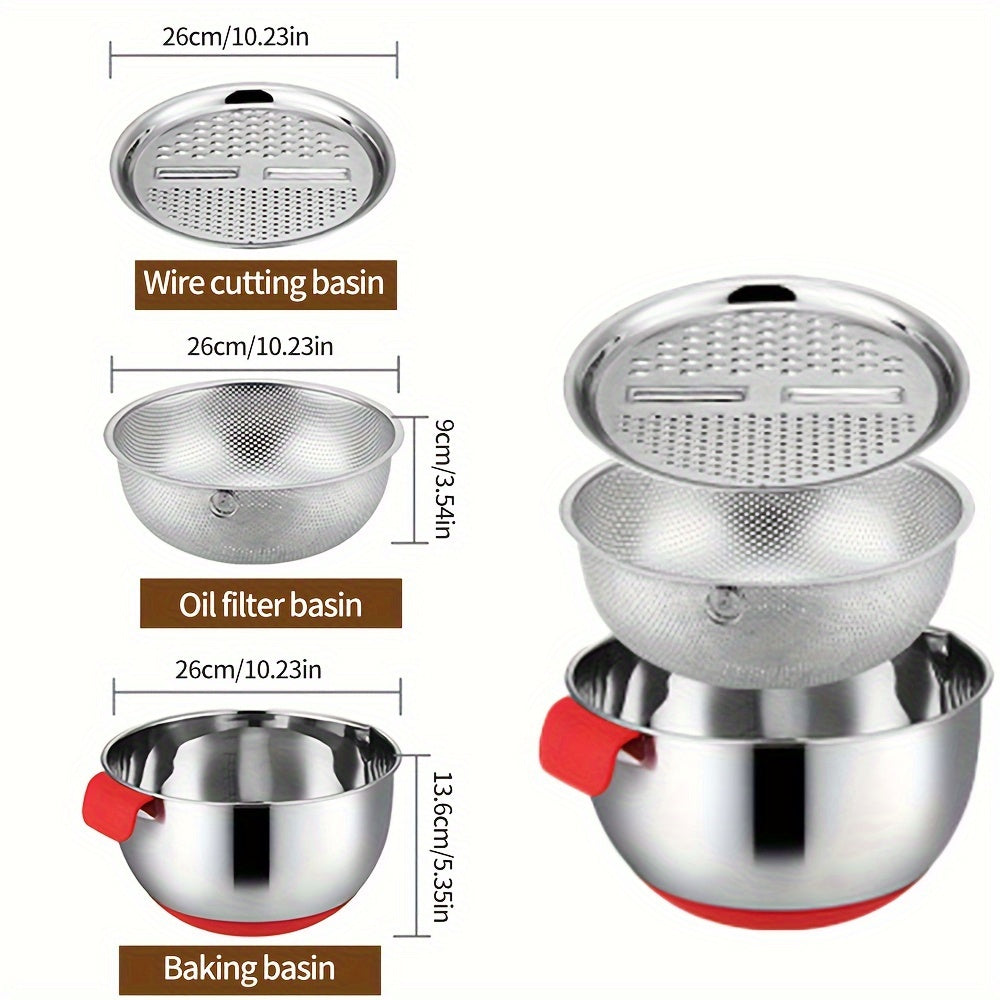 Set of 3 food strainers with silicone handles, includes grating basin, mixing bowl, and colander. Also includes a non-slip cream whipping container with measuring marks, all made of stainless steel.