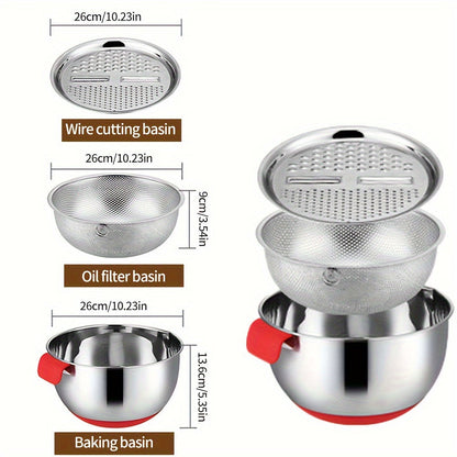 Set of 3 food strainers with silicone handles, includes grating basin, mixing bowl, and colander. Also includes a non-slip cream whipping container with measuring marks, all made of stainless steel.