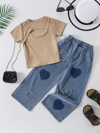 Girls' spring/summer fashion set: Ribbed knit short sleeve top & heart-shaped cut-out denim pants. Stretchy, machine washable, non-transparent. Perfect for outdoor wear.