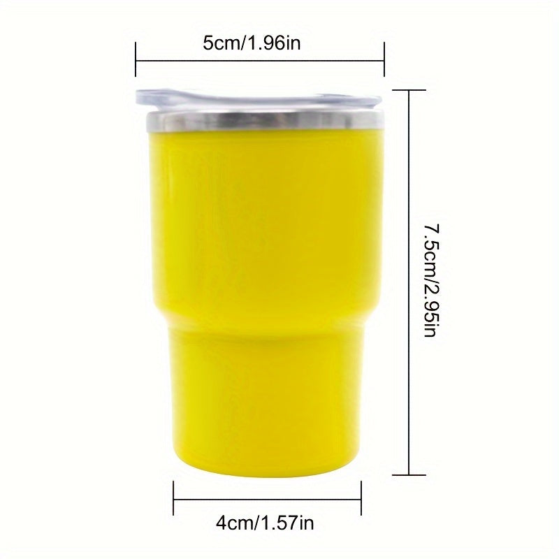 A 3oz car cup pack containing an outer plastic and inner steel construction, with a stainless steel stretch liner and a silicone sleeve straw.