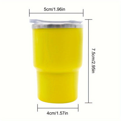 A 3oz car cup pack containing an outer plastic and inner steel construction, with a stainless steel stretch liner and a silicone sleeve straw.