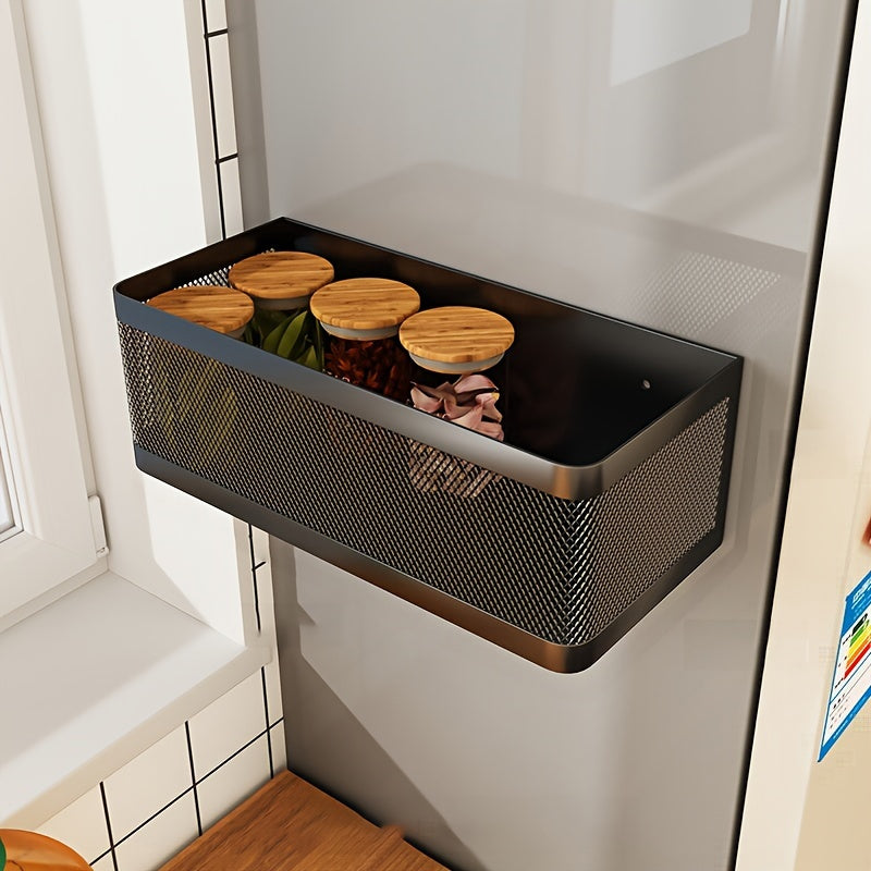 Magnetic Side Storage Holder for Kitchen Refrigerator with Hanging Basket and Plate Gap Magnet