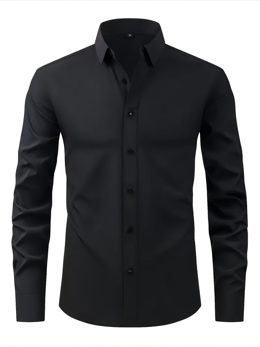 Men's elegant solid color long-sleeve shirt for all occasions. Regular fit, lightweight, and single-breasted with a lapel collar. Made of 94% polyester and 6% elastane woven fabric weighing