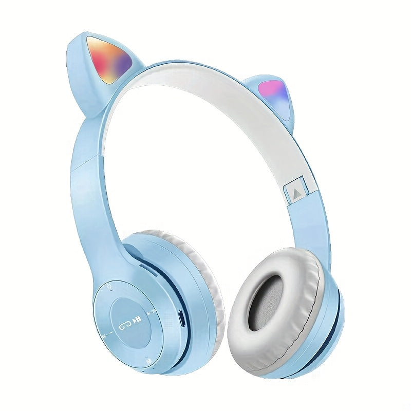 Wireless headphones with cute cat ears, LED lights, mic control. Stereo music helmet for phones and tablets with USB charging, volume control, and 3.5mm jack. Available in multiple colors.