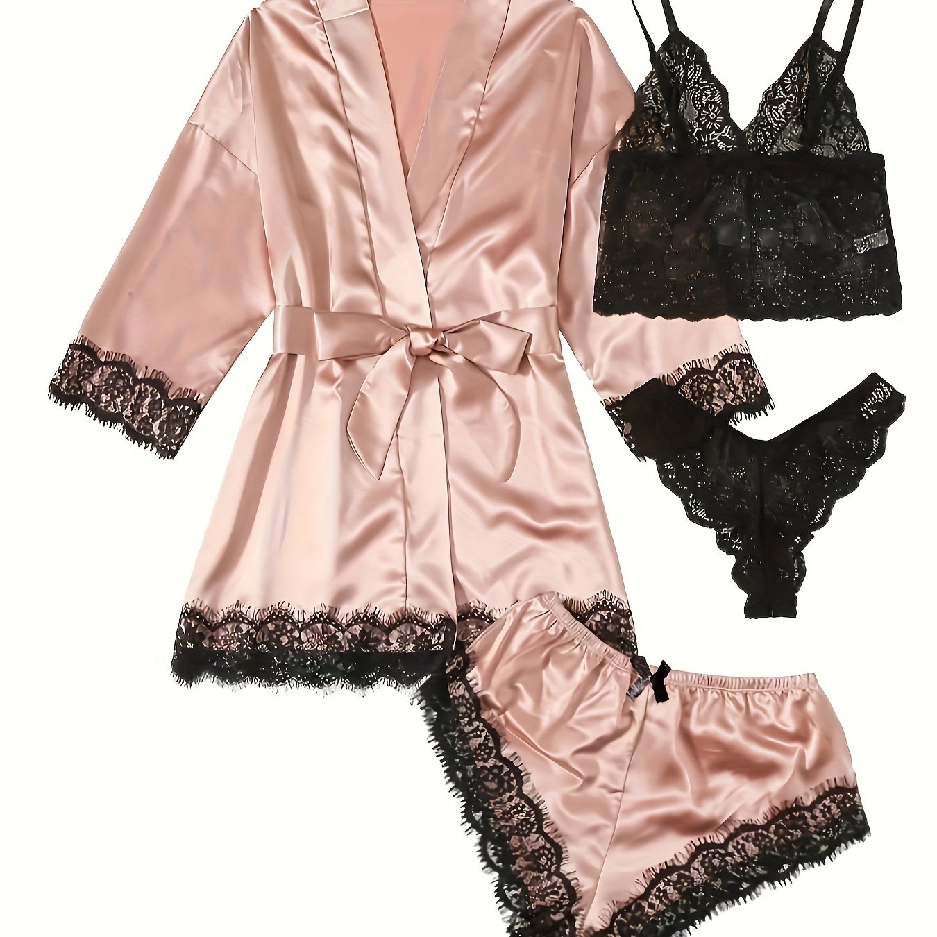 Lace-trimmed Sleepwear Set with Glossy Pajamas in 4 pieces