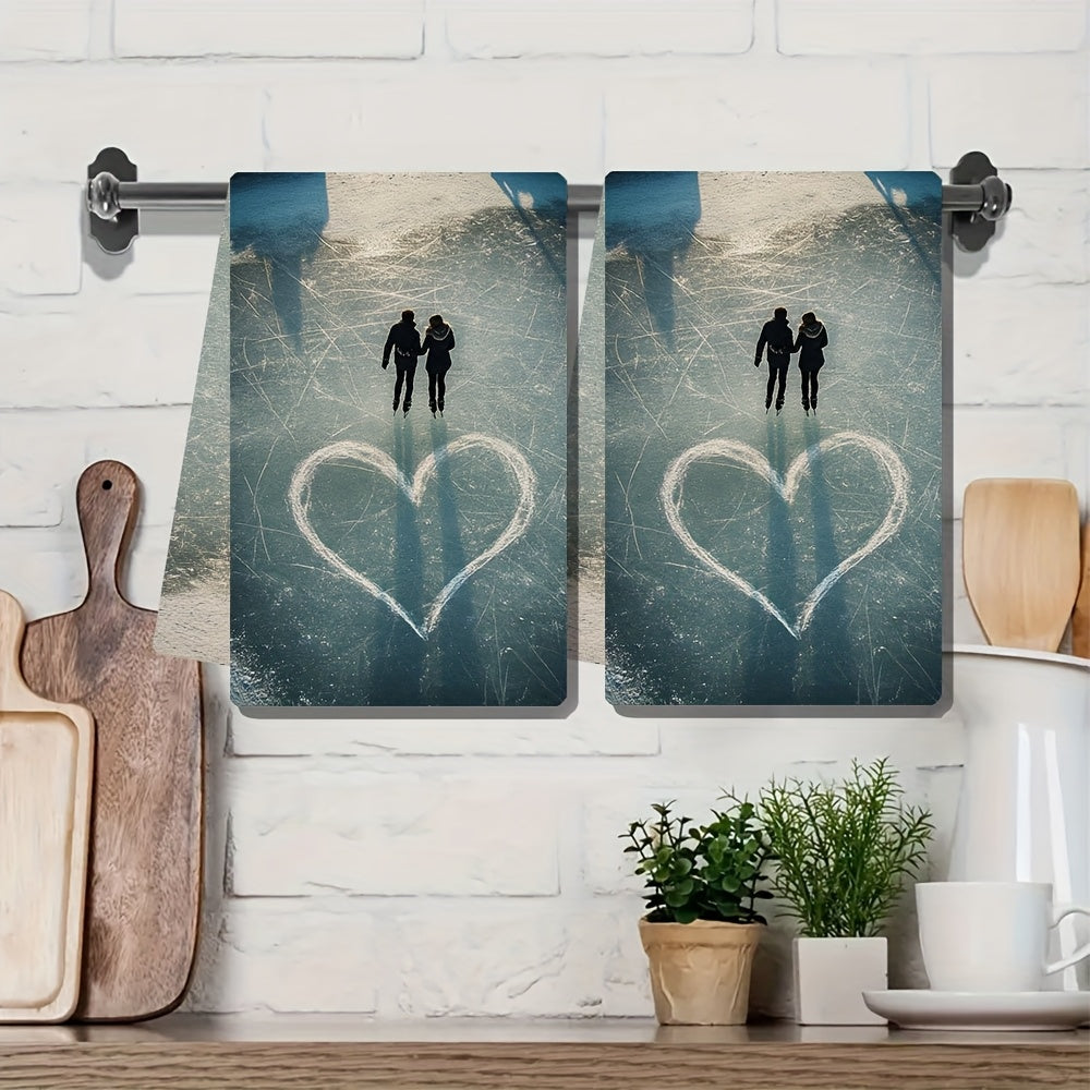 Two Kitchen Towels with an Ultra Soft Feel, Featuring a Couple Ice Skating and Tracing Hearts, Highly Absorbent Dish Hand Towels for Festive Decoration, Easily Machine Washable, Size 16x24 Inches - Item Number 2KYSYS1215038