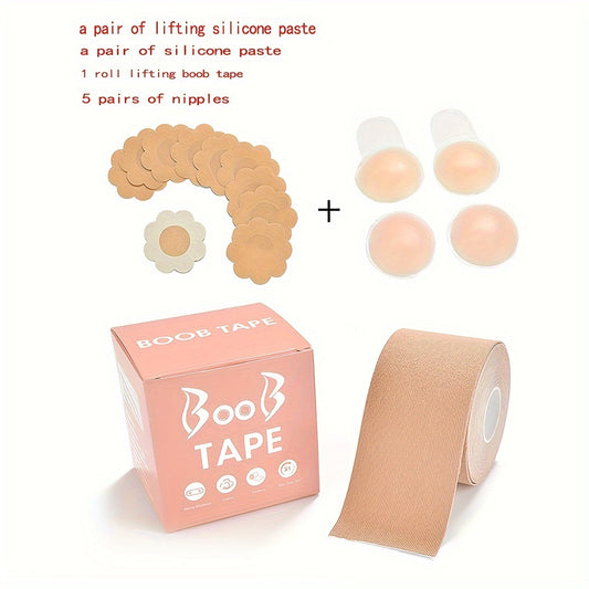 Invisible lingerie set includes stick-on nipple pasties and breast support body tape for women.