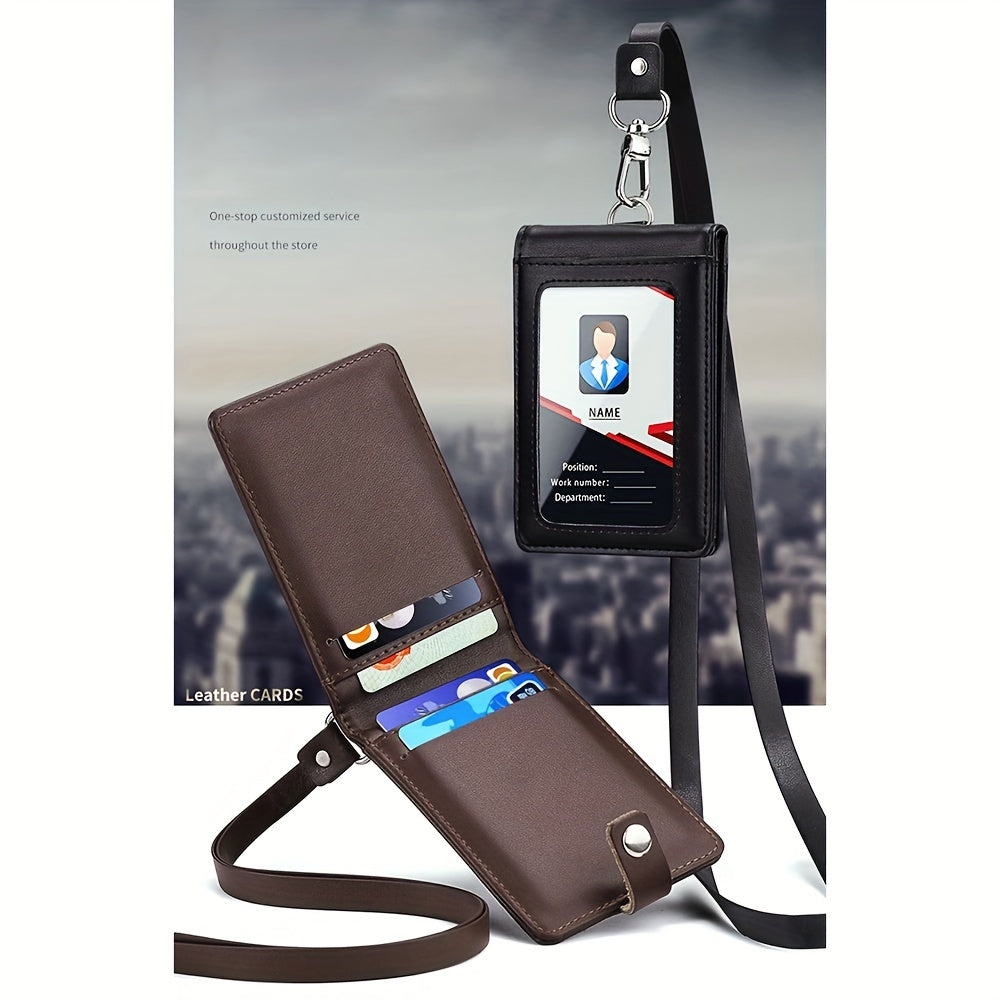 Leather ID card holder with lanyard, 5 card slots, PU leather, English text, formal business accessory.