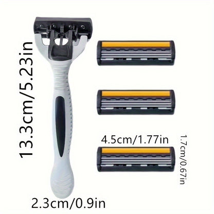 Men's manual razor with stainless steel blades, non-slip handle, and replacement heads. Ideal for beard and mustache grooming.