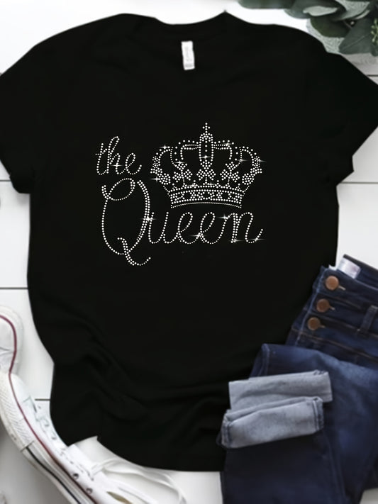 Plus size women's T-shirt with rhinestone crown design, crew neck, short sleeve, polyester knit fabric. From the spring/summer collection.