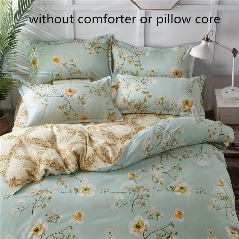 4-piece floral duvet cover set made of soft polyester fabric, includes flat sheet and pillowcases, featuring an elegant flower design for bedroom decor. Core not included.