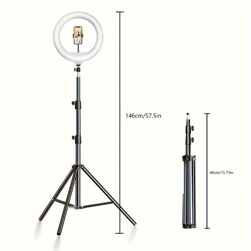 10-inch USB selfie LED light with a desktop tripod stand for iPhone and Android devices in warm, cool, and normal lighting options. Ideal for live streaming, makeup tutorials, vlogs