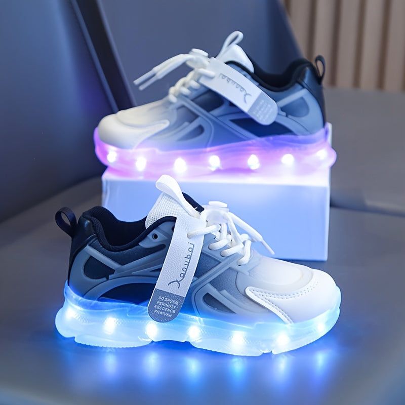 Rechargeable LED sneakers for boys with shock-absorbing non-slip feature, perfect for running and training.