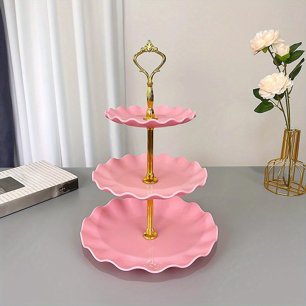 Elegant 3 tier cupcake stand with ruffled or lacy design perfect for tea parties, weddings, and more. Ideal for decorating and serving desserts at any occasion.