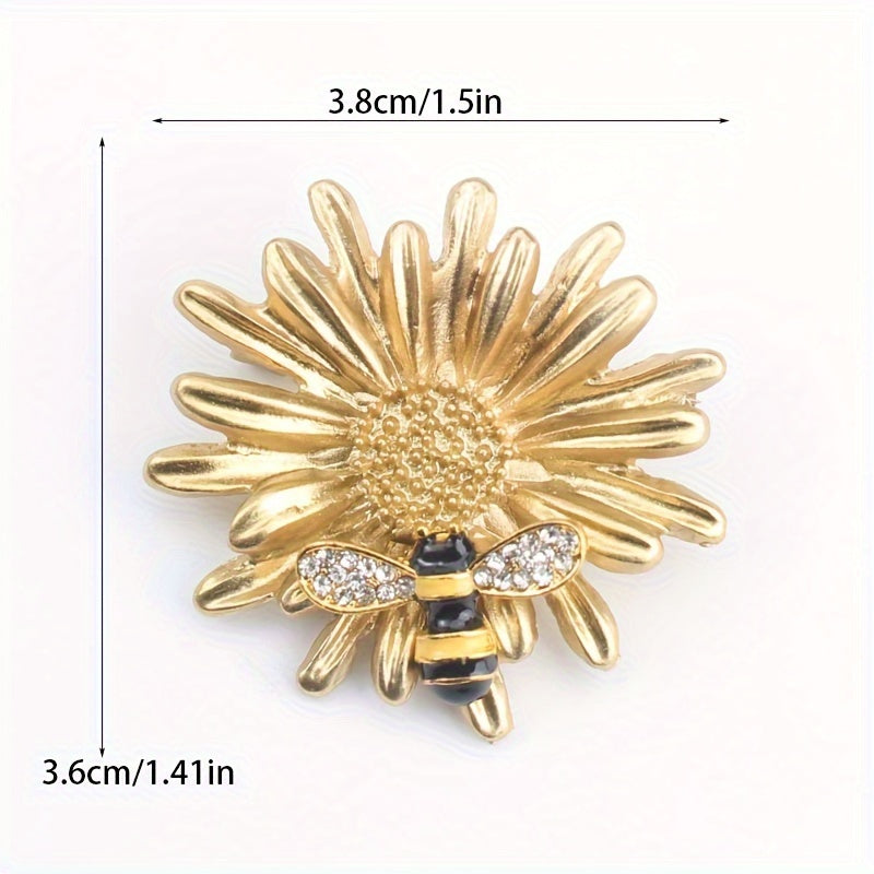 Elegant bee and sunflower rhinestone brooch for women, a stylish fashion accessory.