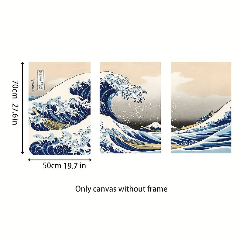 Set of 3 Japanese-style canvas print posters depicting Waves of Kanagawa. Ideal for various wall decor in living rooms, bedrooms, bathrooms, offices, hallways, and kitchens. Frames not included.