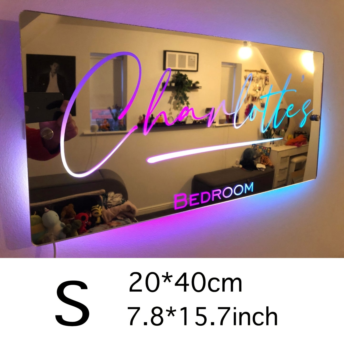 Custom name LED mirror light for bedroom, USB powered, wall-mounted with remote control - ideal for gifts and decorative purposes.