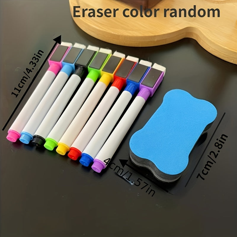 Set of 8 scratch-free erasable whiteboard pens, random colors. Includes easy-to-use eraser and magnetic markers. Ideal for office supplies.