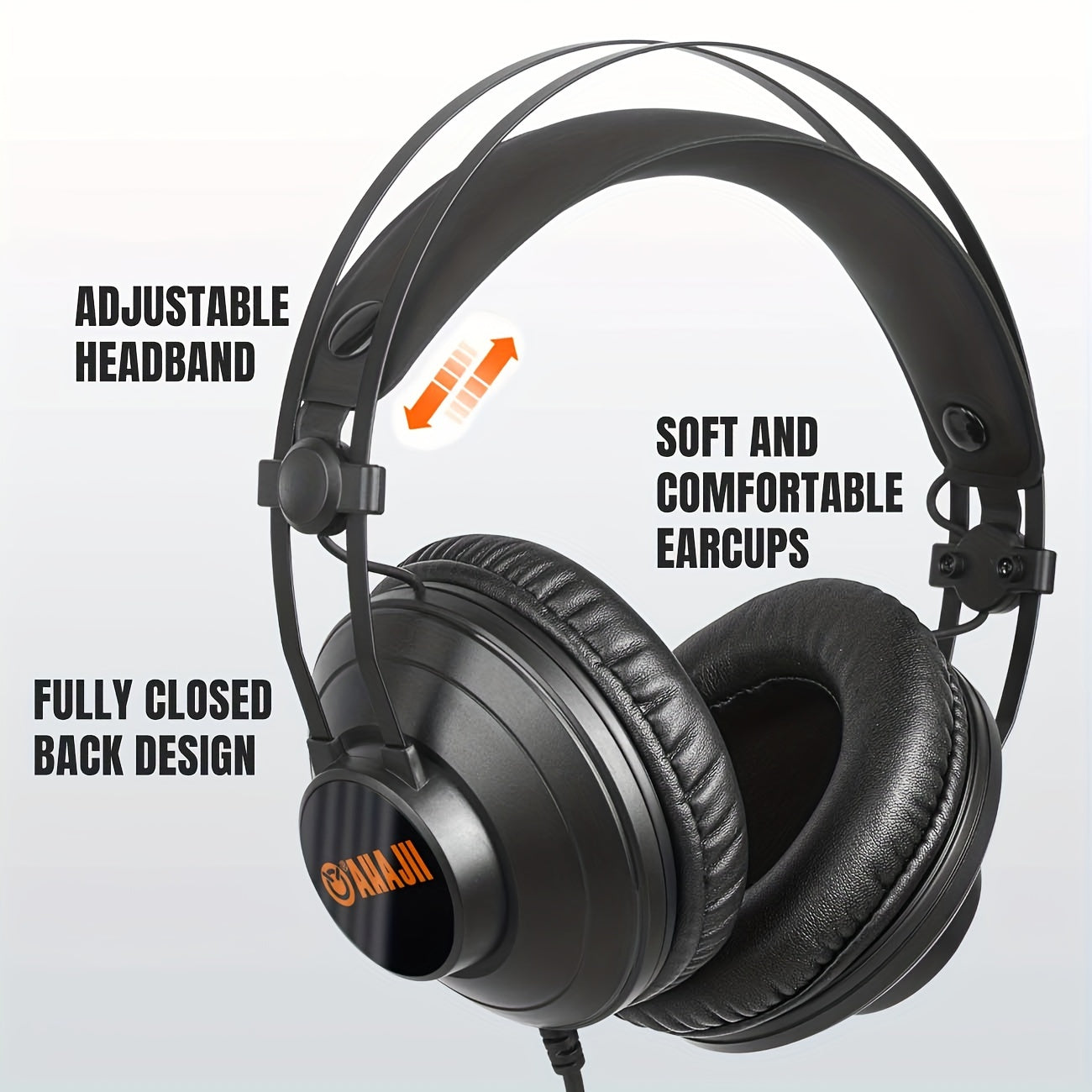 AHAJII AH02 Wired Studio Monitor Headphones with noise cancelling, hi-fi sound, detachable design, and cables. Suitable for recording, guitar, mixer, podcast, DJ, keyboard practice.