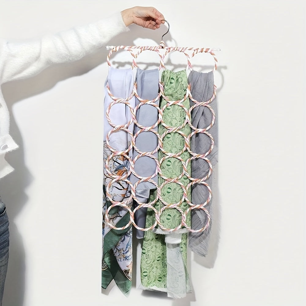 28/12-Hole Scarf Organizer - Metal Hanger for Silk & Headscarves, Effortlessly Save Space in Your Home, Bedroom, or Office