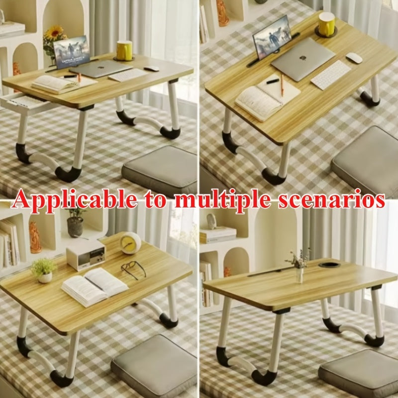 Foldable laptop desk with sturdy material and spacious desktop, suitable for student dorms.