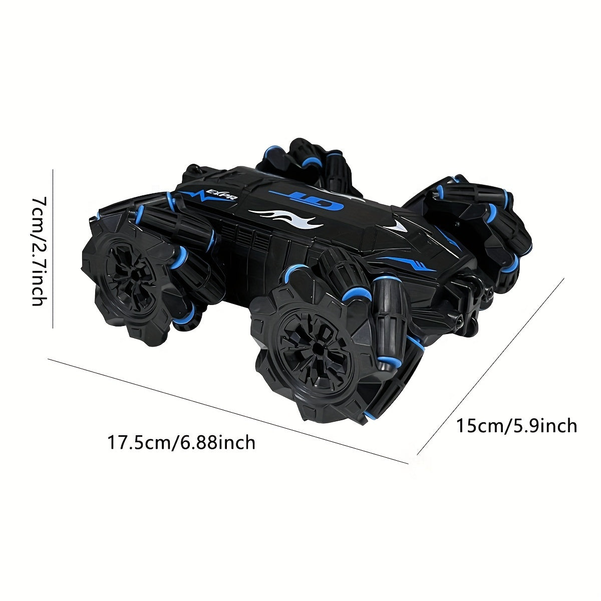 Fantasy-themed RC stunt car with gesture control, LED lights, and music. Double-sided 360° flips, USB rechargeable battery, push button control.