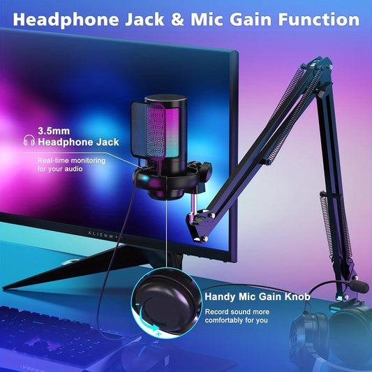 RGB 7-Color LED mic with headphone jack, mic gain function, USB-C, omni-directional for gaming, singing, karaoke, video conferencing, and streaming. USB powered, no battery needed.