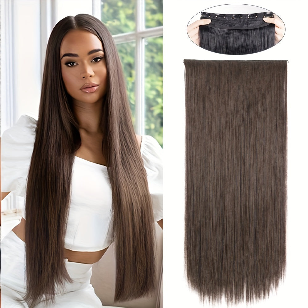 Elegant natural looking synthetic clip-in hair extensions for daily use, 32 inch long straight pieces with 5 clips.