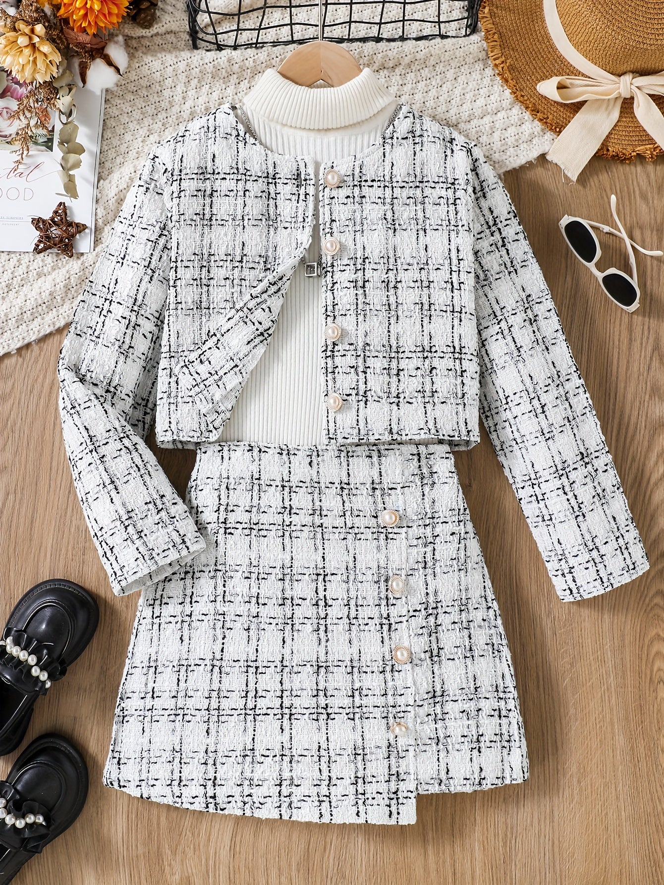 Elegant tweed knit plaid jacket and skirt set for girls, perfect for spring and fall outdoor wear