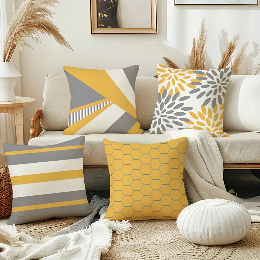 Boho Chic Throw Pillow Cover - Vibrant Yellow & Gray Geometric Design, 44.96x44.96 cm, Made of Polyester with Zip Closure - Perfect for Sofa, Bedroom, Office, or Farmhouse Decor. Easy to clean in the washing machine. Insert not included.