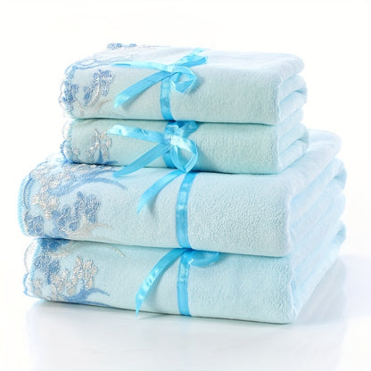 4-piece lace embroidery towel set includes 2 bath towels and 2 hand towels. Soft and absorbent, perfect for bathrooms.