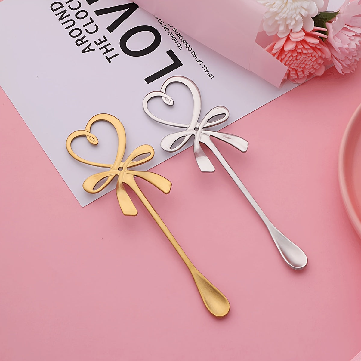 Feminine Heart Bow Stainless Steel Coffee Spoon - Elegant Afternoon Tea Stirrer - Love-Infused Hanging Ear Spoon with a touch of Luxury and Creativity