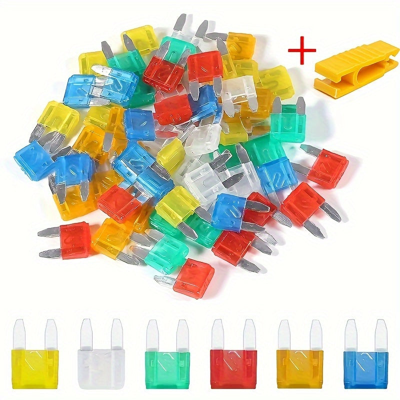 Car blade fuse assortment kit with multiple specifications ranging from 2A to 40A, suitable for various vehicles. Includes a box for storage.