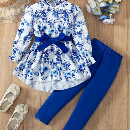 Girls' three-piece set with fashionable floral print, belt buckle detail, plain color, and long pants suit, perfect for spring and autumn.