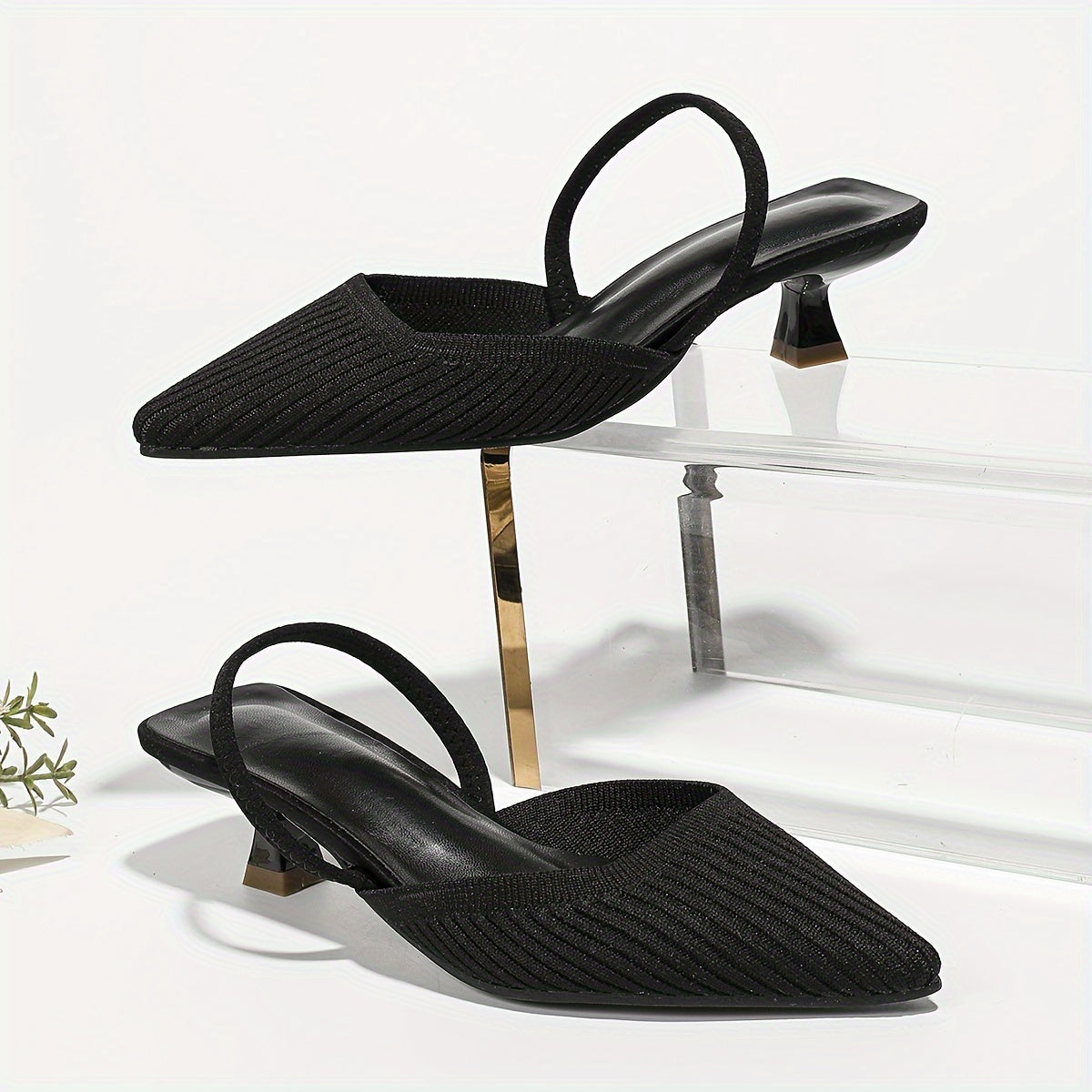 Solid color knit mules for women with flared heel and slingback style, featuring a trendy point toe design for comfort.