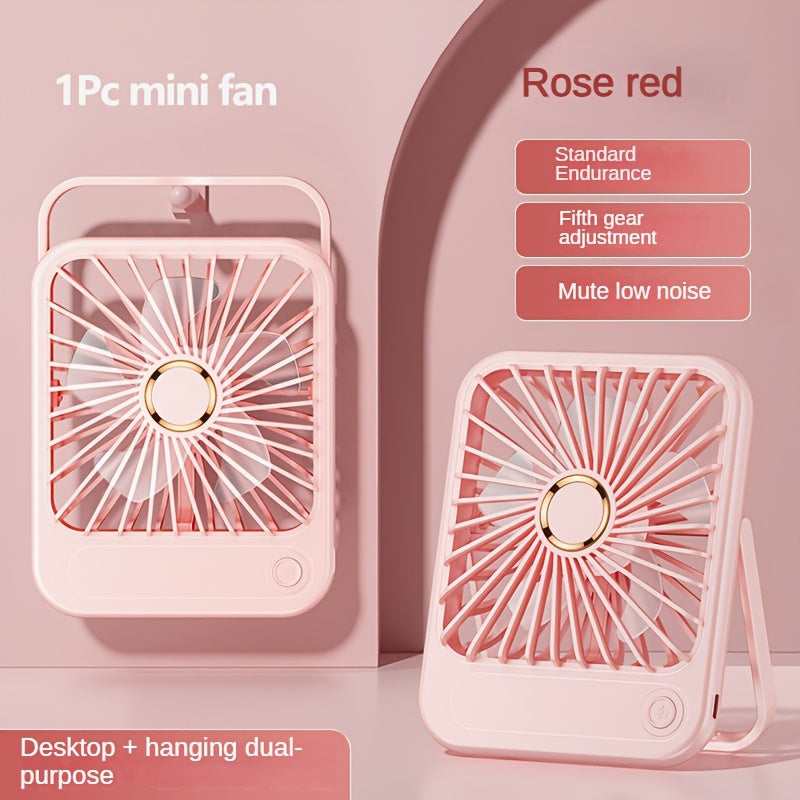 Compact USB rechargeable table fan with 3 speed modes and button control. Made of plastic, suitable for indoor and outdoor use. Rated at 5W, includes cord and built-in lithium battery for convenient office, bedroom, and camping use.