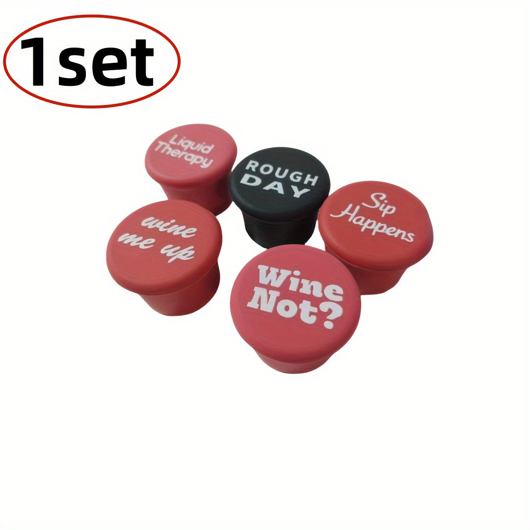 Silicone wine stoppers with funny phrases for festive parties.