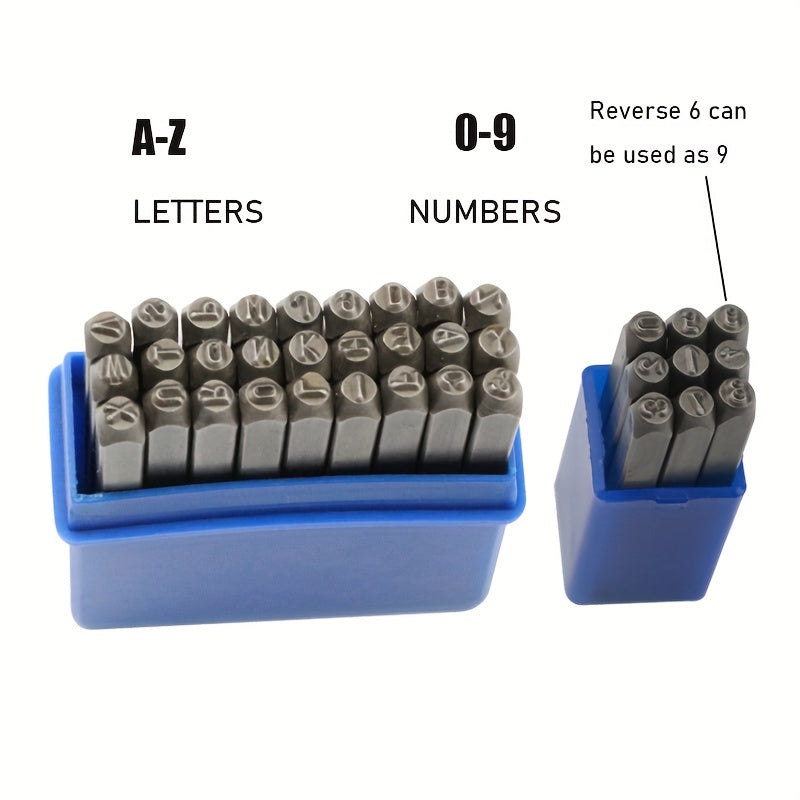 Alloy steel stamp set for imprinting on various materials such as metal, plastic, wood, and leather. Great for crafting and arts.