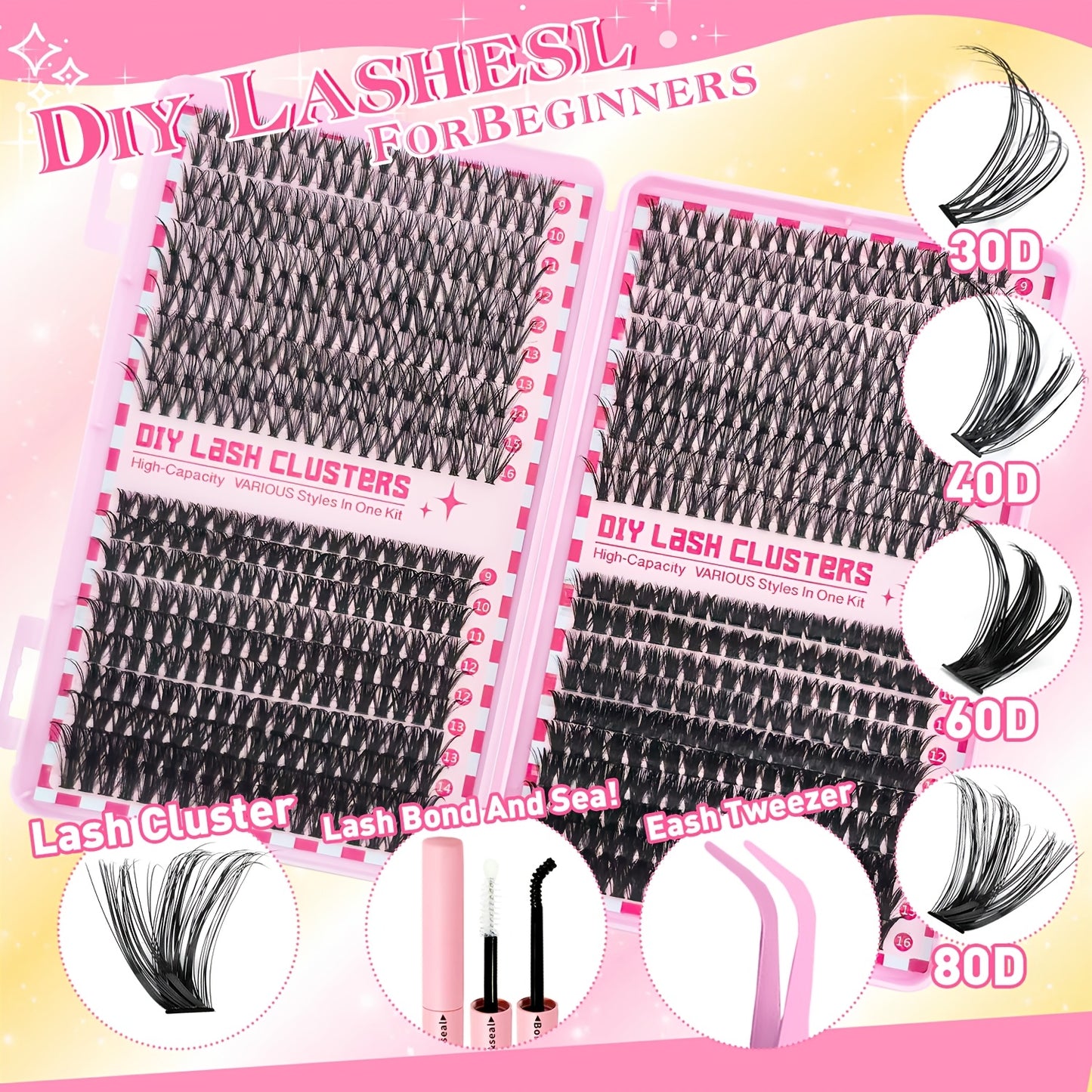 DIY Eyelash Extension Set with 800pcs single lashes in various lengths and thicknesses, perfect for beginners.