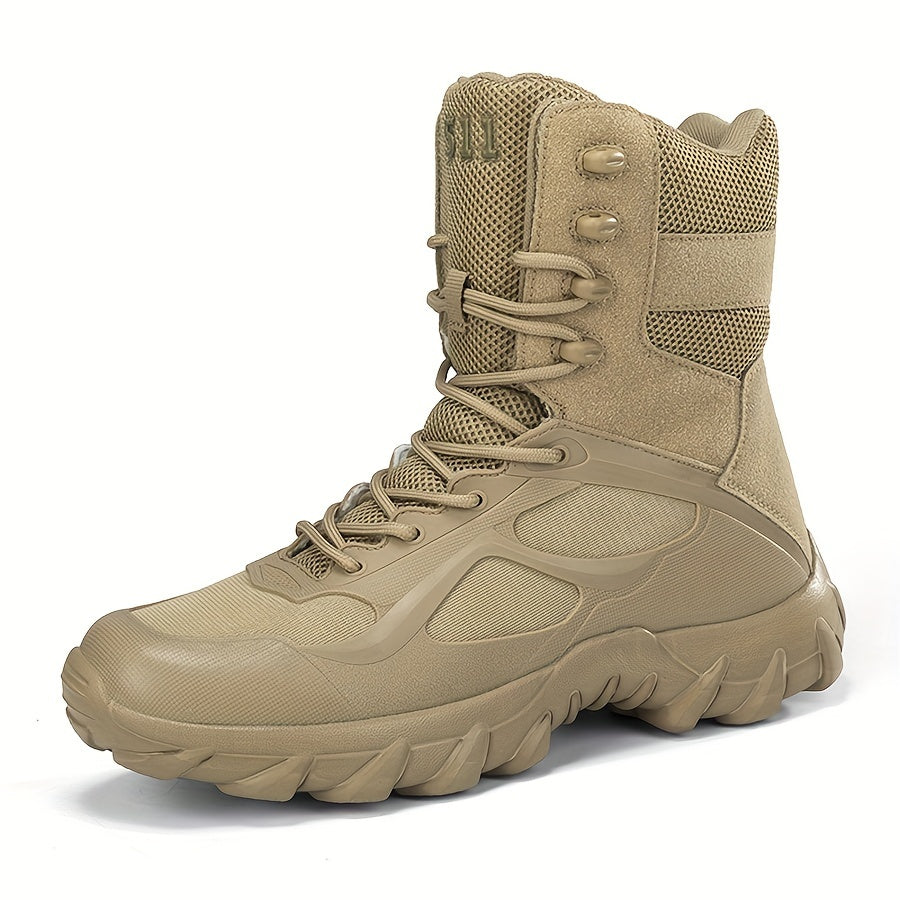 High-top tactical boots for men in beige stripe pattern, featuring a comfortable lace-up design with a non-slip EVA sole. Durable and versatile for outdoor adventures and casual wear