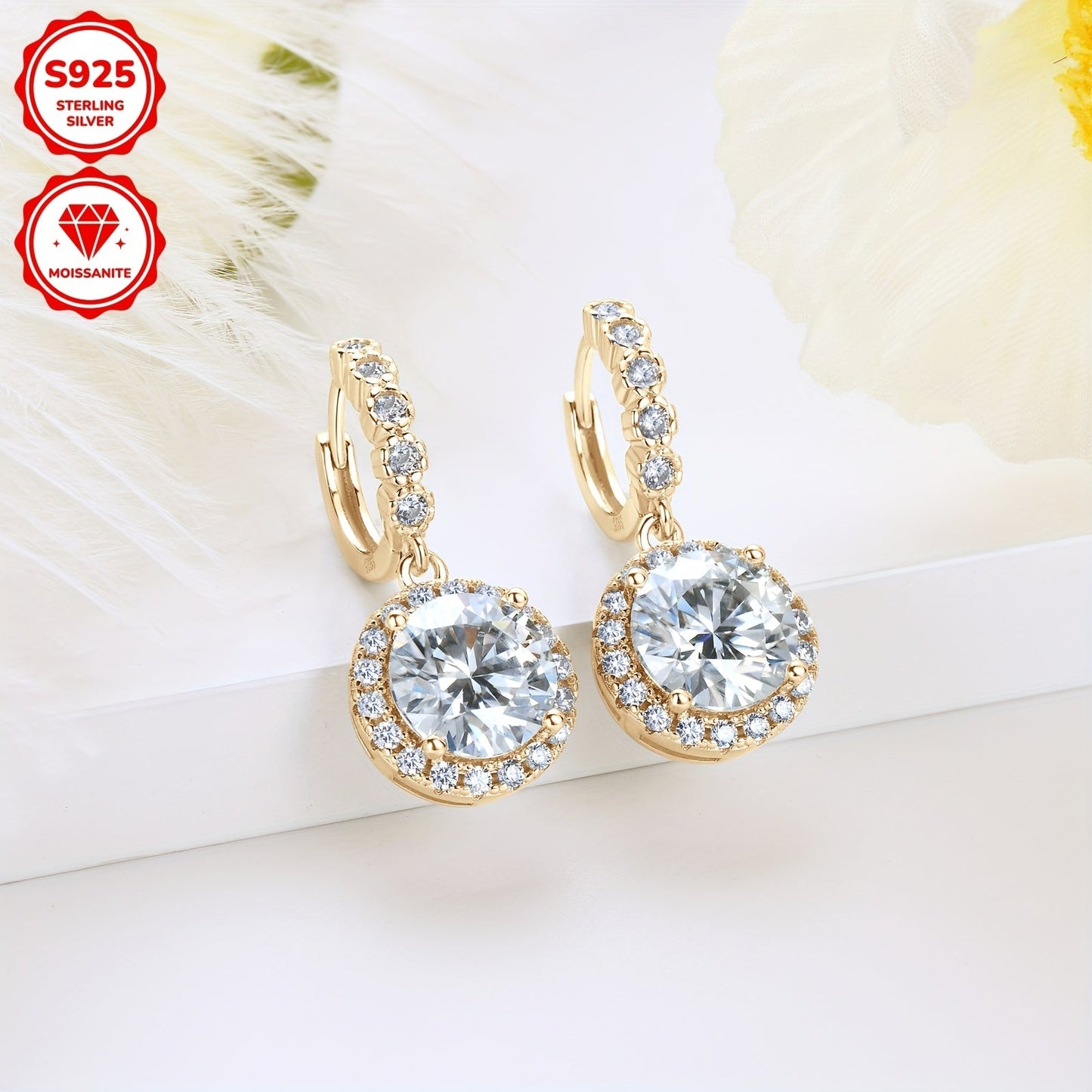 925 Sterling Silver Hoop Earrings with Synthetic Moissanite in 14K Gold Plating, featuring a Dangling Round Design perfect for Vacation Style. This elegant pair is ideal for Christmas and Holiday themes, as well as Party and Wedding events. Available in