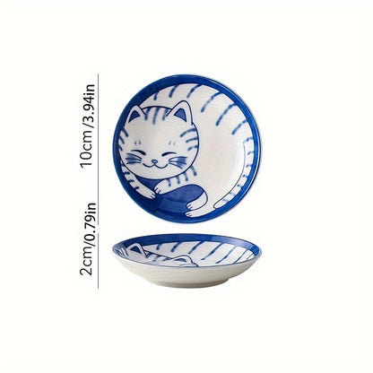 4 Japanese ceramic dessert plates and sauce dishes with a cute cartoon Lucky Cat pattern, suitable for home kitchens, restaurants, and hotels.