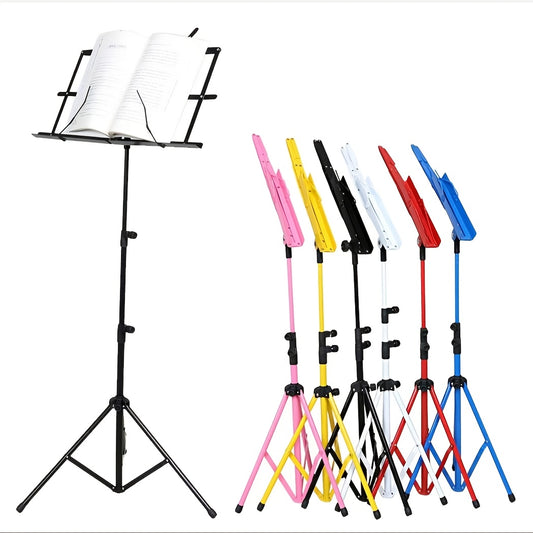 Adjustable height folding music stand made of alloy material, suitable for various instruments.