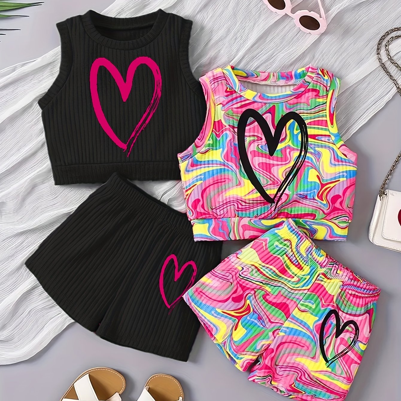 4-piece girls' summer outfit set featuring a strapless heart print tank top and shorts. Made of casual polyester knit fabric with medium stretch for a loose fit. Ideal for outdoor