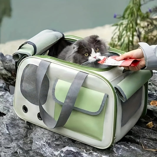 Portable pet carrier bag for cats and small dogs, fashionable, ventilated, foldable single shoulder space capsule for easy travel.