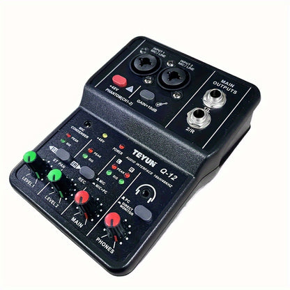 One black USB audio interface mixer with XLR inputs, phantom power, microphone jack, condenser mic support, and computer recording capabilities.